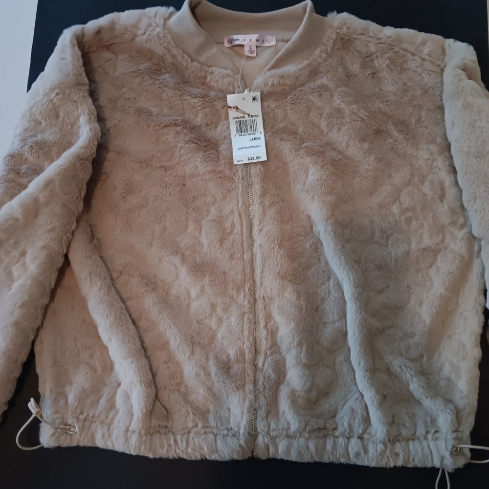 New! Crave Fame Juniors Zip Jacket Almond Faux Fur Embossed Size L With Tags